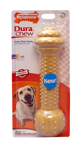 Durable peanut butter chew toy for powerful dogs, promoting dental health while entertaining and discouraging destructive chewing.