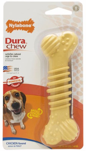 Durable dog chew toy made from nylon, flavored with chicken, designed for dental health and chewing satisfaction for dogs up to 16kg.