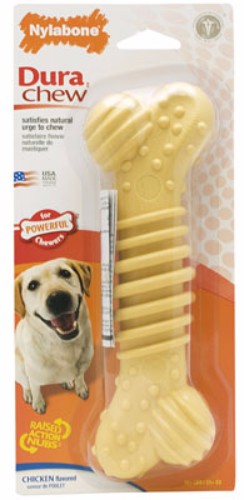 Durable chicken-flavored nylon chew toy for dogs 23kg+, featuring textures for dental care and satisfying chewing.