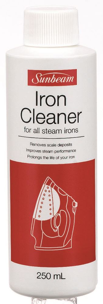 Iron Cleaner Sunbeam 250ml bottle for removing scale from steam irons, enhancing performance and longevity for wrinkle-free garments.