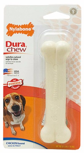 Durable nylon chew toy for dogs, flavored with chicken; keeps teeth clean and satisfies chewing urges.