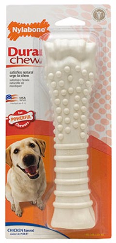 Durable nylon chew toy for dogs, infused with chicken flavor, promotes dental health, discourages destructive chewing.