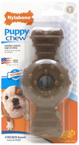 Puppy Ring Bone - Wolf: A soft, chicken-flavored chew toy for teething puppies with bristles for dental care.