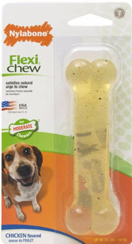 Durable chicken-flavored chew toy for moderate chewers, promotes dental health, and prevents destructive chewing behaviors.