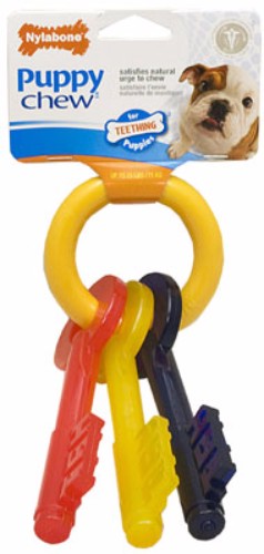 Puppy teething keys in vibrant colors, designed for gentle chewing, dental health, and teething relief for small breeds.