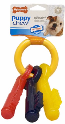 Colorful puppy teething keys with varied shapes and textures, promoting healthy chewing and dental care for teething pups.