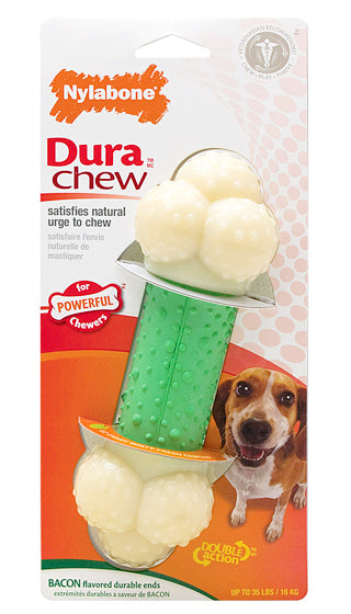 Durable Nylabone Double Action Chew for powerful chewers, bacon-flavored, promotes dental health for dogs up to 16kg.