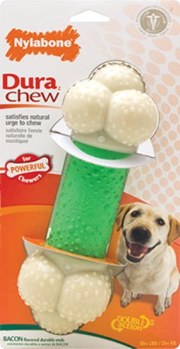 Durable Nylabone chew toy for powerful dogs, featuring a bacon flavor and dual-action design for dental health.