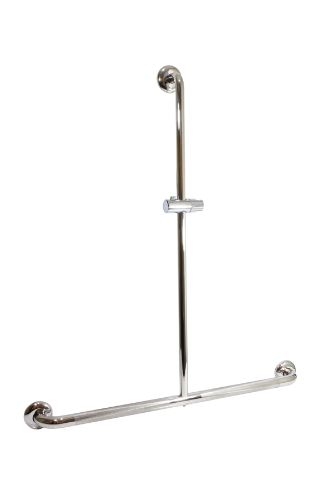 Disability Slide Shower with 800mm Grab Rail in polished stainless steel, featuring textured grip for safety and easy height adjustment.
