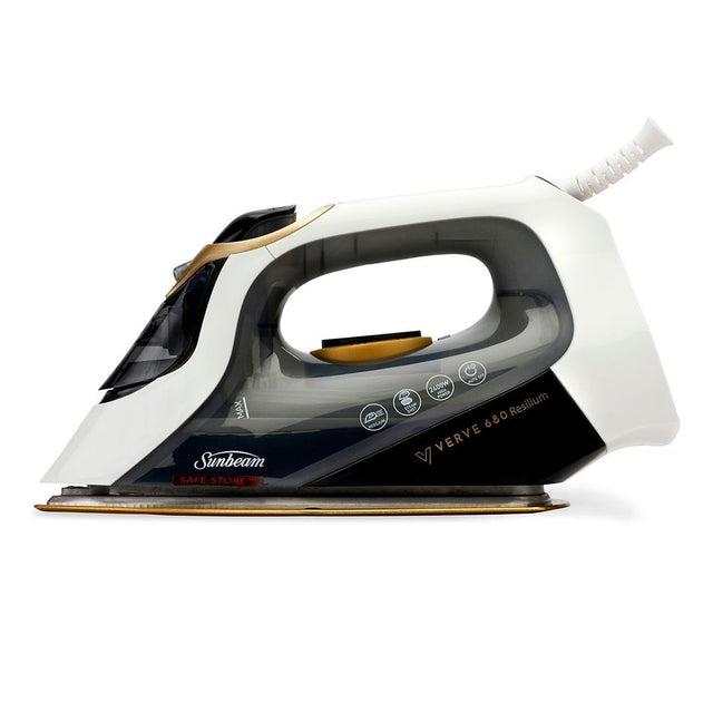 Premium Sunbeam Verve 680 Resilium Iron with 160g/min steam shot, anodised soleplate, and Safety Auto Off feature for effective ironing.