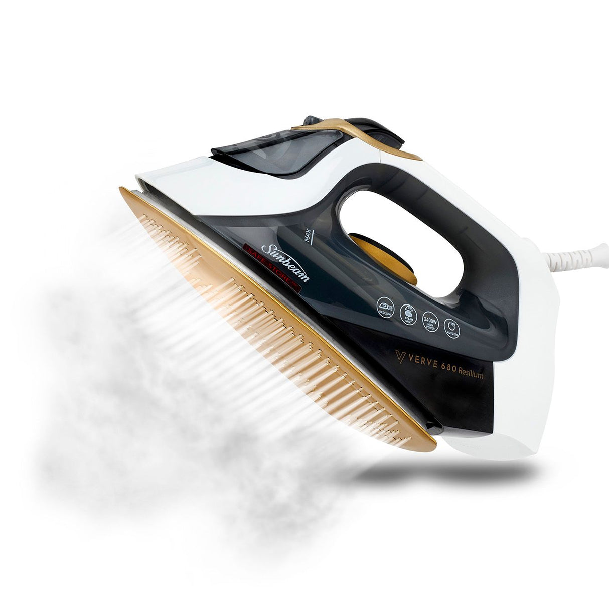 Sunbeam Verve 680 Resilium Iron with advanced steam technology, anodised soleplate for easier gliding, and safety auto-off feature.