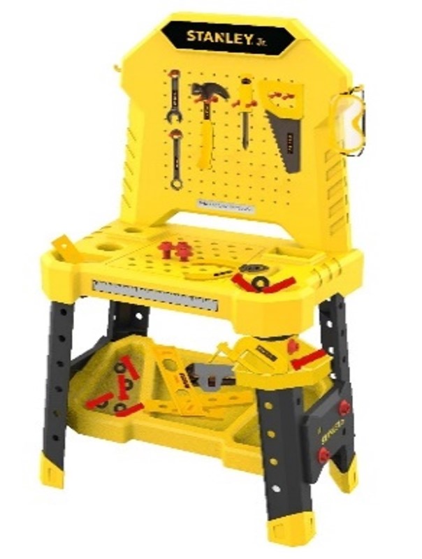 Child-friendly workbench set featuring tools, goggles, and accessories for imaginative construction play.