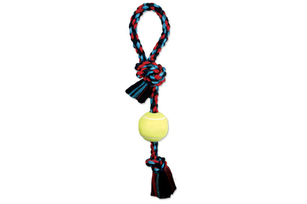 Mammoth Pull Tug Dog Toy with Tennis Ball, 65cm long, durable design promotes dental health and interactive play.