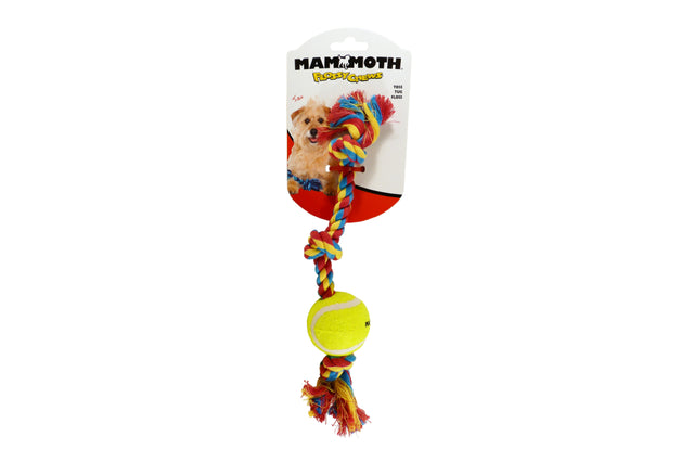 Durable 28cm tug toy with three knots and a 5cm mini tennis ball for interactive play and bonding with your dog.