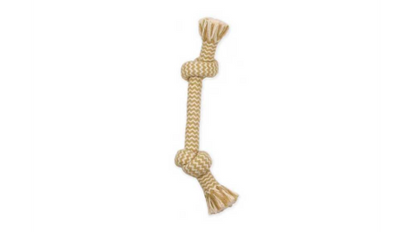 Medium dog toy featuring peanut butter scent, 2 knots for chewing and tugging, made from allergen-free cotton yarns.