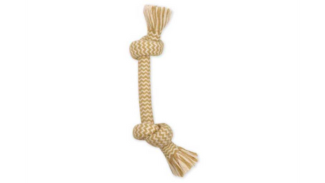 Large 35cm Peanut Butter 2 Knot Bone dog toy made of allergen-free cotton yarn for interactive play and healthy chewing.