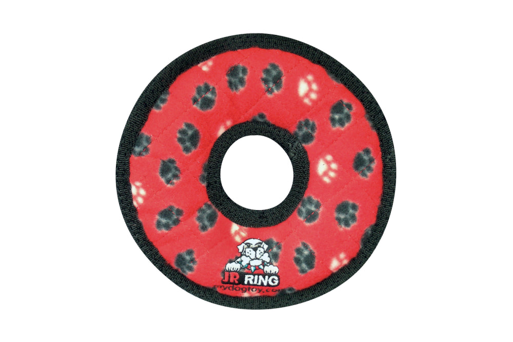 Bright red dog toy ring with paw prints, durable, squeaky, floats, and safe for teeth; perfect for active play indoors and outdoors.