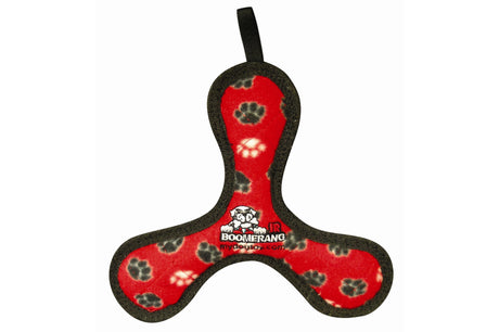 Durable Tuffy Junior Bowmerang in Red Paws, 20cm, with squeakers, floats, and safe for dogs’ teeth and gums.