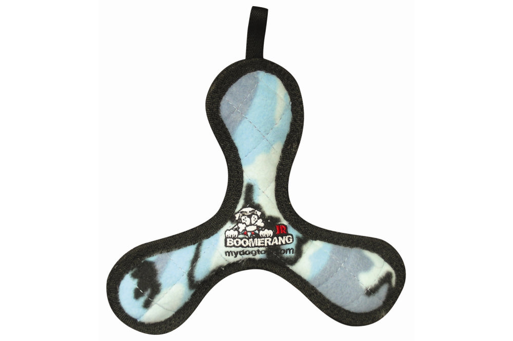 Durable Tuffy Junior Bowmerang in Camo Blue, 20cm flying disc with squeaker, floats, and is washable for active pups.