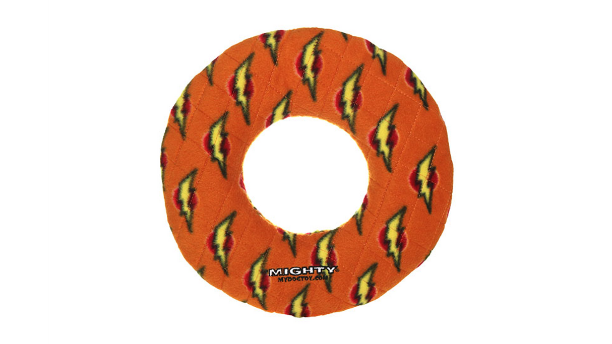 Durable no-stuffing dog toy ring made of fleece and vinyl, perfect for interactive play and water activities.