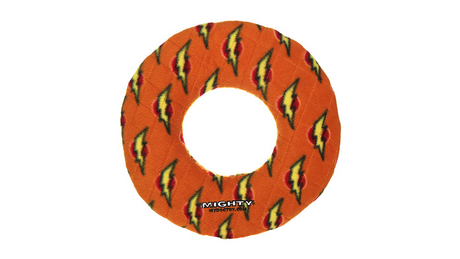 Durable no-stuffing dog toy ring made of fleece and vinyl, perfect for interactive play and water activities.