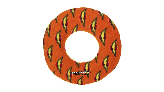 Durable no-stuffing dog toy ring made of fleece and vinyl, perfect for interactive play and water activities.