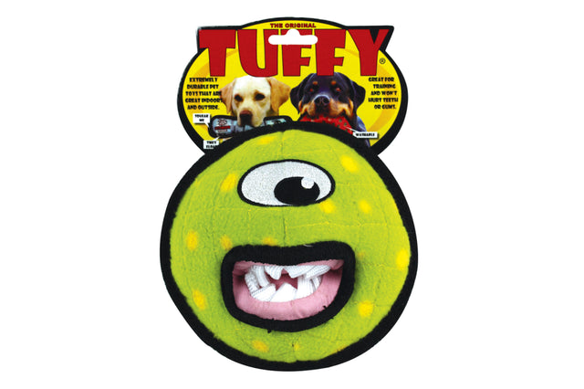 Vibrant green Tuffy Alien Ball for dogs, 16cm, durable, squeaky, floatable, washable, safe for teeth, perfect for playtime.