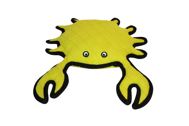 Colorful plush King Crab dog toy with multiple layers, squeaker safety, floats in water, perfect for interactive play.