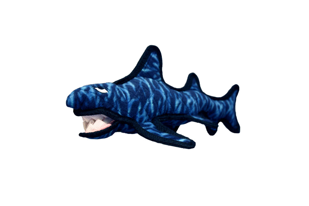 Durable 36 cm shark dog toy with squeaker, floats in water, ideal for playful dogs' indoor and outdoor fun.