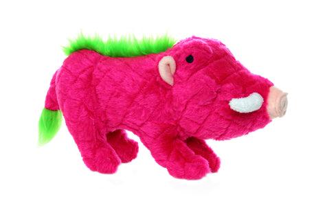 Pink Mighty Safari Warthog dog toy, durable and soft, perfect for medium to large dogs, machine washable and floatable.