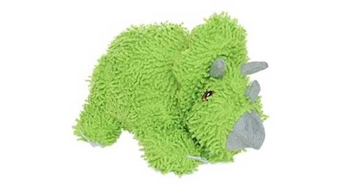 Soft microfiber plush dog toy shaped like a triceratops, perfect for interactive play and durable against aggressive chewers.