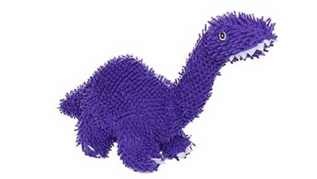 Soft microfiber plush dog toy shaped like a Brachiosaurus, designed for vigorous play; floats and squeaks for added fun.