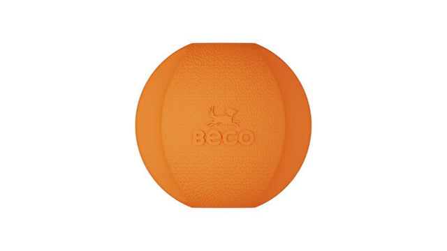 Bright orange Beco Fetch Ball made of natural rubber, designed for durable, eco-friendly fetch play with a vanilla scent.