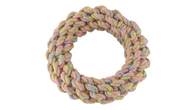 Eco-friendly large hemp rope ring for dogs, promoting dental hygiene while providing durable chewable fun.