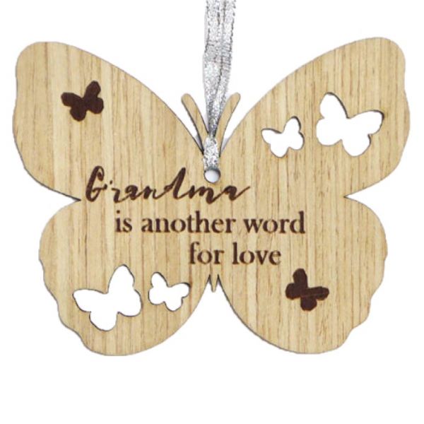 Heartfelt Grandma Butterfly Kisses Hanging Ornament in wood, featuring delicate butterfly designs, perfect for nostalgic decor.