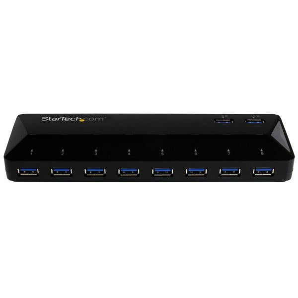 10-Port USB 3.0 hub with 2 fast charging ports, supporting high-speed data transfers and enhancing workspace productivity.