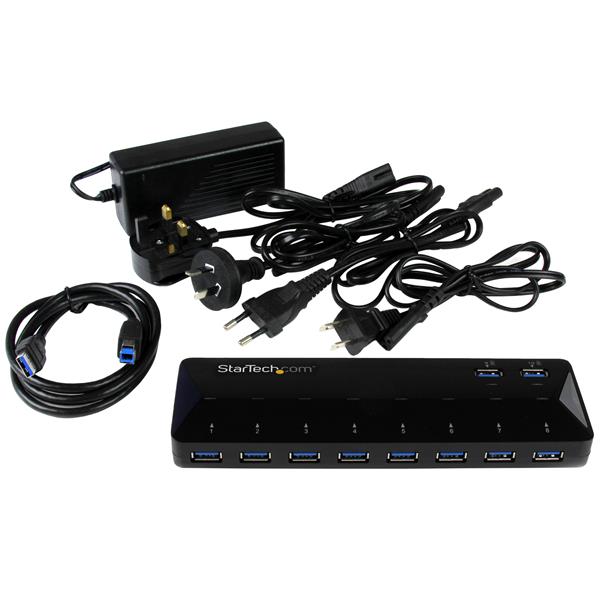 10-Port USB 3.0 Hub with two 1.5A charging ports, sleek design for high-speed data transfer and easier device access.