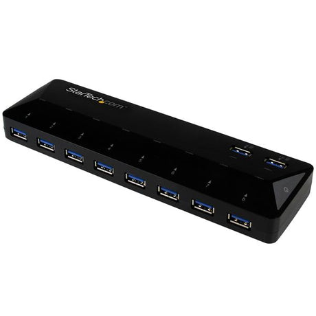 10-Port USB 3.0 Hub with two 1.5A fast-charge ports for productivity and quick data transfer, compact design for easy access.