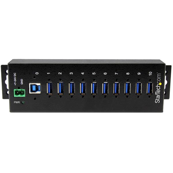 Rugged 10-port USB 3.0 hub with surge protection, 5Gbps speed, and metal housing for reliable industrial connectivity.