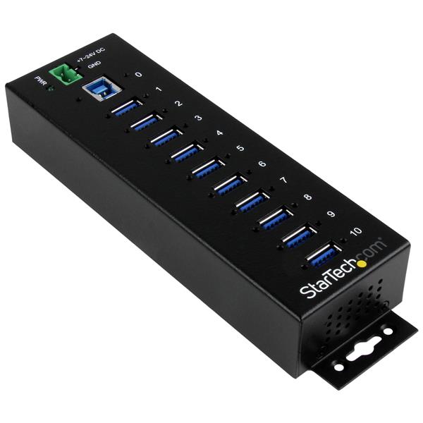 Rugged 10-port USB 3.0 hub with surge protection, designed for industrial use, offering fast data transfer and widespread compatibility.