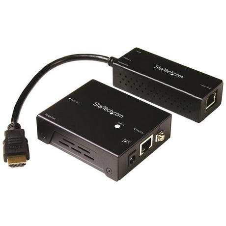 Compact HDBaseT extender kit transmitting 4K HDMI signals over CAT5, ideal for easy installation and up to 230ft range.