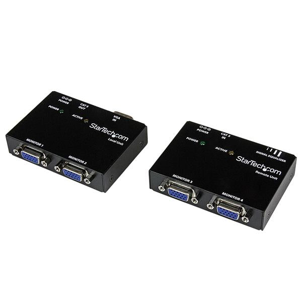 VGA Video Extender over Cat5, connects 1 source to 4 displays, extends signal up to 150m, includes local and remote units.