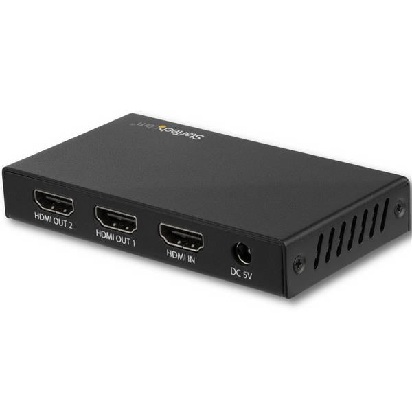 2 Port HDMI splitter allows simultaneous connection to two displays, delivering 4K 60Hz video with HDR and easy plug-and-play setup.