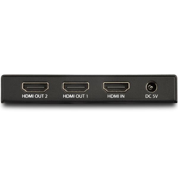 2 Port HDMI splitter enabling 4K 60Hz video output to two displays simultaneously, featuring durable metal housing and easy installation.