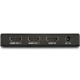 2 Port HDMI splitter enabling 4K 60Hz video output to two displays simultaneously, featuring durable metal housing and easy installation.