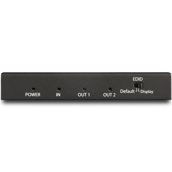 2 Port HDMI splitter enabling 4K 60Hz video output to two displays simultaneously, featuring durable metal housing for cooling.