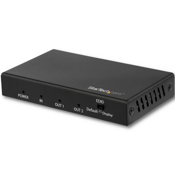 2 Port HDMI Splitter enabling 4K 60Hz video output to two displays simultaneously, featuring durable metal housing and plug-and-play setup.