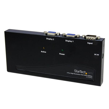 2 Port VGA video splitter enabling simultaneous display on two monitors, supporting resolutions up to 2048x1536 @80Hz.