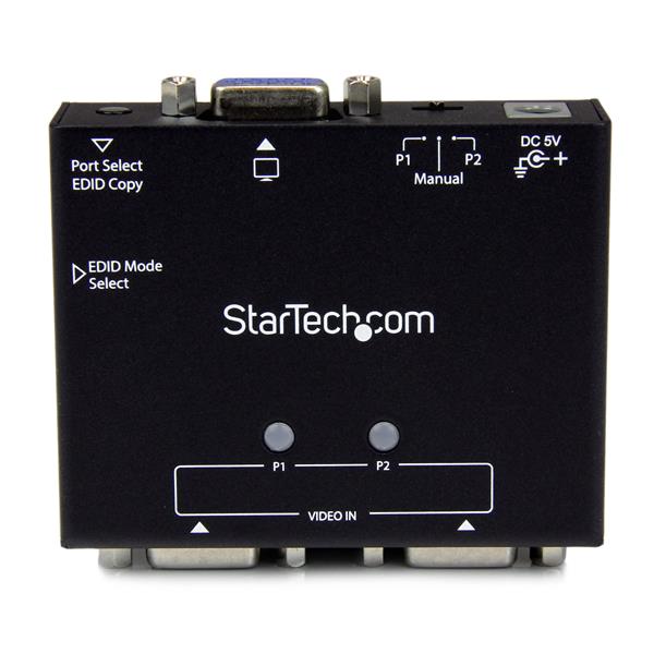 2-Port VGA Auto Switch Box with priority switching, EDID copy, and manual control for seamless display sharing between computers.