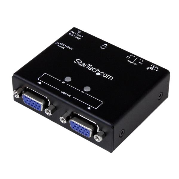 2-Port VGA Auto Switch Box for seamless switching between two computers with EDID Copy and high resolution support.